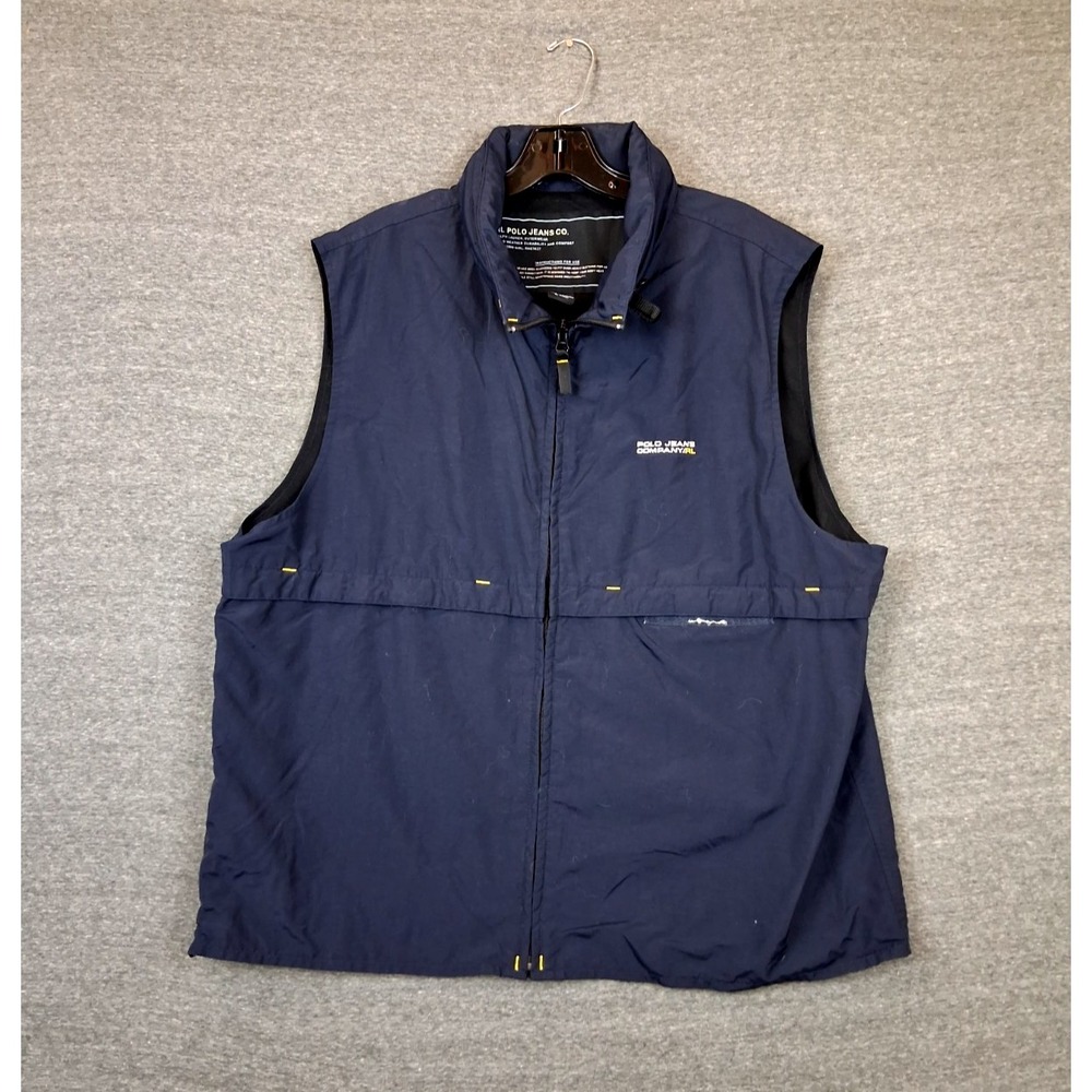 Polo Mens Jacket L Blue Full Zip Nylon Hooded Vest RL 67 Jeans Co Preppy 90s VTG